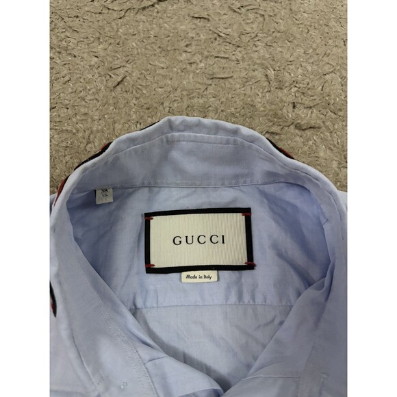 Gucci Embroidered Snake Collar Shirt Men’s Sz M 38 15 Blue Cotton Button Up - Picture 3 of 7
